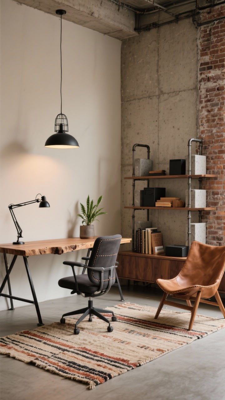 Wide corner-angle photorealistic shot of “The Warm Modern Industrial Loft”: warm greige walls with one faux concrete accent and optional exposed brick; live-edge acacia desk atop a black steel trestle base; charcoal upholstered task chair with lumbar support and stitched seams; long, low walnut media console along one wall; flatweave kilim rug in sand, rust, and charcoal stripes grounding the space; metal pipe bookshelf styled with concrete bookends, matte black boxes, warm wood objects; tan leather sling chair in a thinking corner; lighting: matte black articulating task lamp on desk, caged pendant overhead, floor uplight grazing the concrete wall for dramatic texture; small ZZ plant for subtle greenery; materials highlighted: leather, concrete, raw wood, woven wool; cool, refined mood; no people.