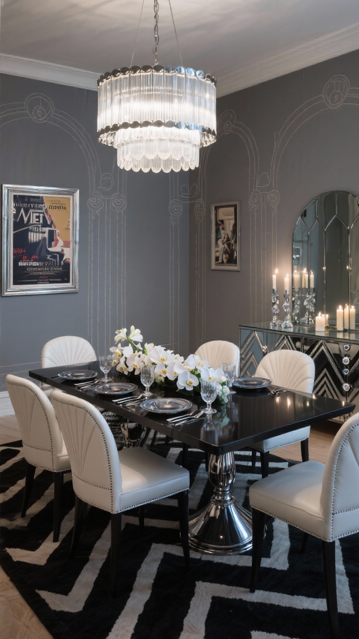 Wide dining room shot, Silver Screen Dining: a bold Art Deco dining space with graphite gray walls featuring a tone-on-tone stencil of deco arch motifs. Centered: a rectangular dining table with a black-lacquer top and chrome pedestal base, surrounded by white leather dining chairs with fan-shaped backs. Overhead hangs a drum chandelier with scalloped chrome tiers and frosted glass diffusers. Against one wall: a mirrored sideboard with chevron etching and crystal knobs, reflecting candlelight. Floor: a black-and-white geometric rug grounding the scene. Tabletop styling: smoked glass chargers, Art Deco flatware, angular crystal stemware, and a long, low arrangement of white orchids or calla lilies. Chrome-framed deco-style movie posters on the wall. Evening, cinematic glow, straight-on composition, photorealistic.