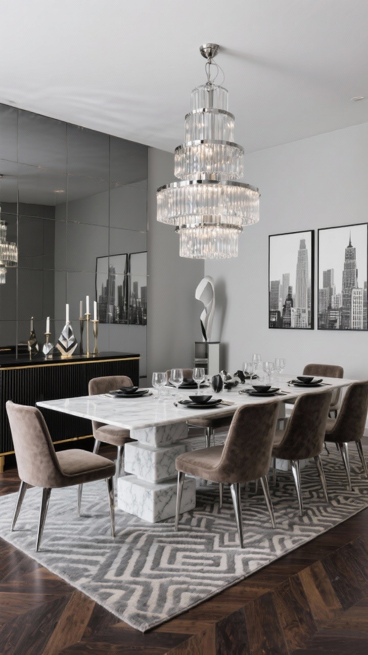 Wide dining room shot, straight-on view: A jet-set dining room featuring a smoked-mirror feature wall that multiplies space, with a palette of greige and graphite. Center a rectangular white marble dining table with subtle grey veining on stepped pedestal bases, surrounded by cantilevered chrome dining chairs upholstered in taupe or graphite velvet. Overhead hangs a tiered glass-and-chrome chandelier echoing Deco skyscraper forms, casting glittering light. Include a black lacquer sideboard with brass banding and ribbed fronts styled with geometric candleholders, a tablescape of smoked glass chargers, matte-black flatware, and crystal stemware. Floor is dark-stained herringbone wood with a low-pile geometric rug under the table. Add a monochrome abstract skyline triptych and a slender sculpture on a mirror-topped plinth. Photorealistic, urbane and formal.