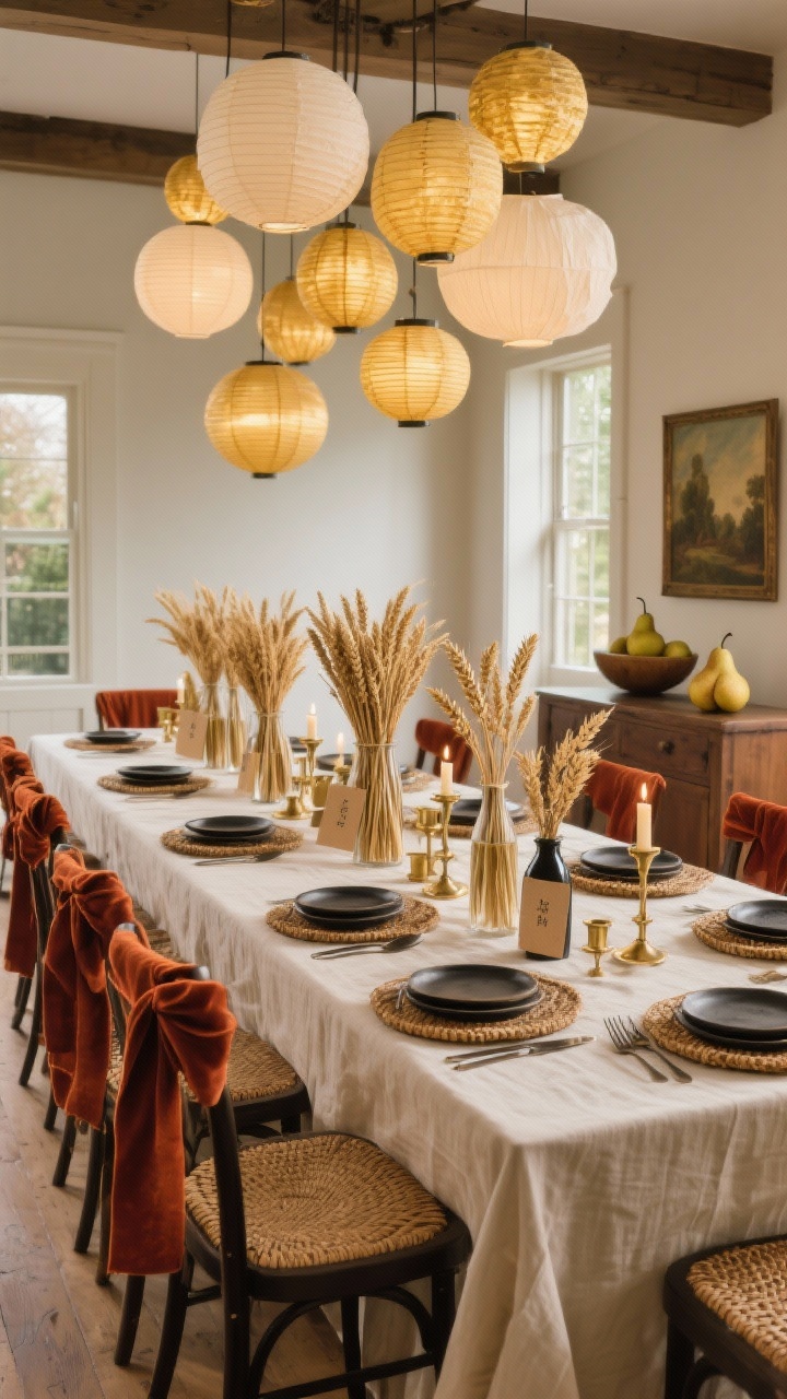 Wide dining room shot with golden wheat elegance: natural linen tablecloth, rattan chargers, matte black flatware, stoneware plates; long, low centerpiece of bundles of dried wheat in slim bottles interspersed with brass taper candleholders; chairs tied with rust-colored velvet ribbons and simple kraft-paper name tags; overhead cluster of paper lanterns in creams and golds emitting soft, flattering light; sideboard styled with a bowl of Bosc pears and a small vintage oil painting; palette of wheat, rust, cream, and antique brass; refined, warm, photorealistic.