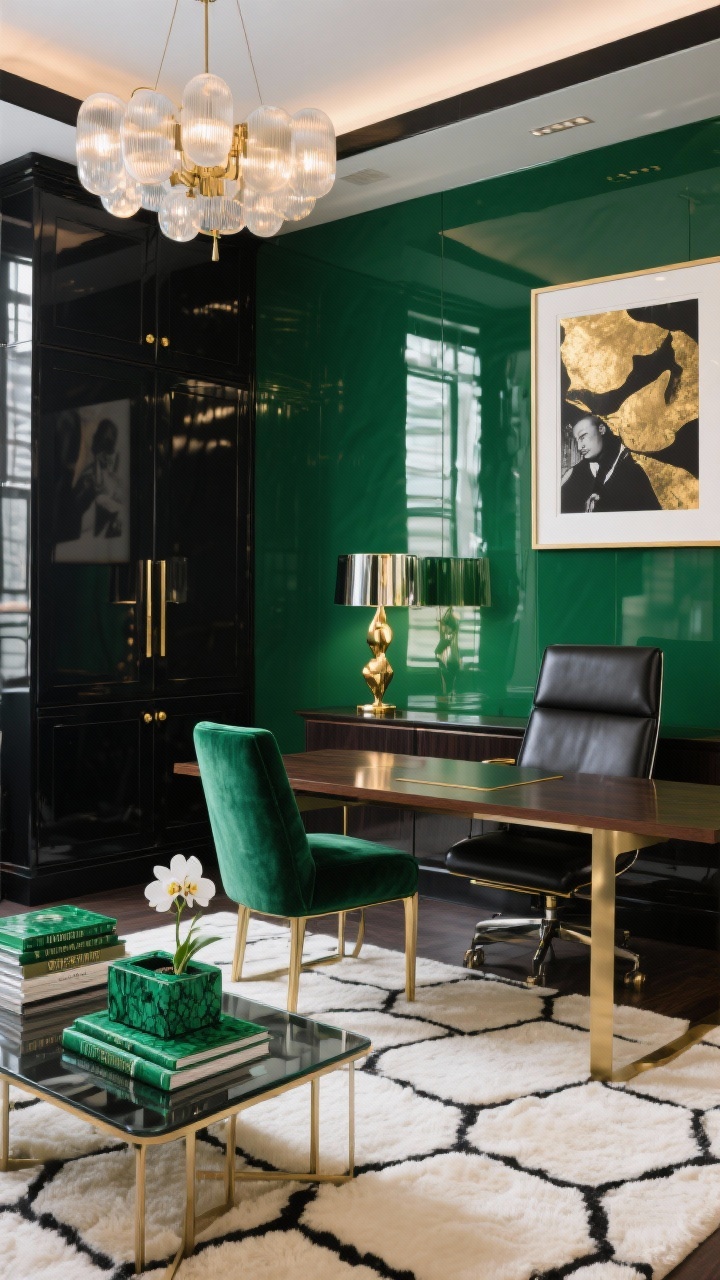 Wide, dramatic executive office view, Emerald Glam: high-gloss emerald accent wall with subtle reflections, black lacquer (or dark walnut) executive desk with clean lines, emerald velvet chair (or black leather with brass details), brass cabinet pulls on lacquered built-ins, sculptural brass table lamp, beveled-edge framed mirrors bouncing light, plush ivory rug (or geometric black-and-cream) grounding the space, oversized black-and-white photography (or gold-foil abstract) in thin modern frames, styled stack of coffee table books with green spines, malachite-style box, single dramatic orchid, smoked glass side tables, dimmable chandelier with frosted globes creating cinematic gleam; photorealistic, controlled ambient lighting with highlights on glossy surfaces.