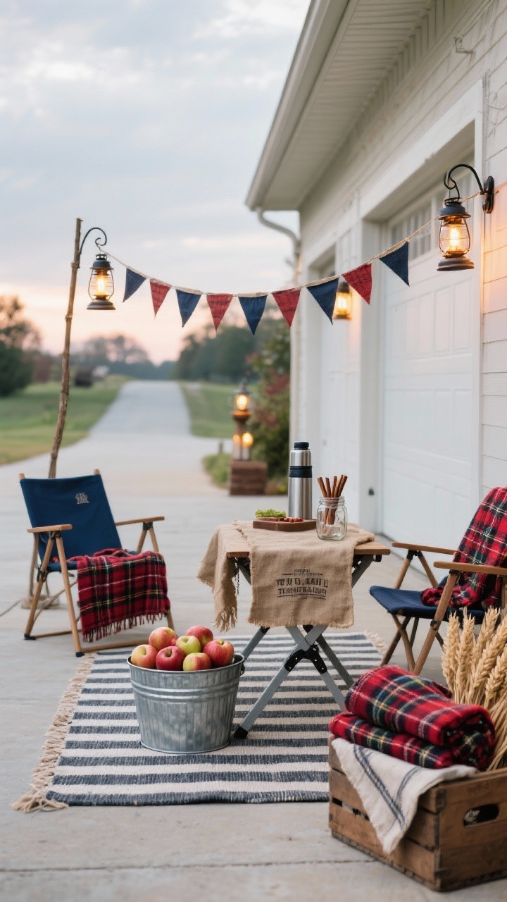 Wide driveway scene, three-quarter angle, styled as a farmhouse tailgate nook: a vintage-style folding table draped with a grain sack runner holds a galvanized tub of apples and a thermos bar with cinnamon sticks in a mason jar; camp chairs with plaid throws flank a striped outdoor rug anchoring the zone; a crate brims with folded plaid blankets; triangle pennant garlands string between shepherd’s hooks, lanterns set at varying heights provide warm light; palette of navy, cranberry, wheat, and galvanized silver, overcast late-afternoon ambiance, photorealistic.