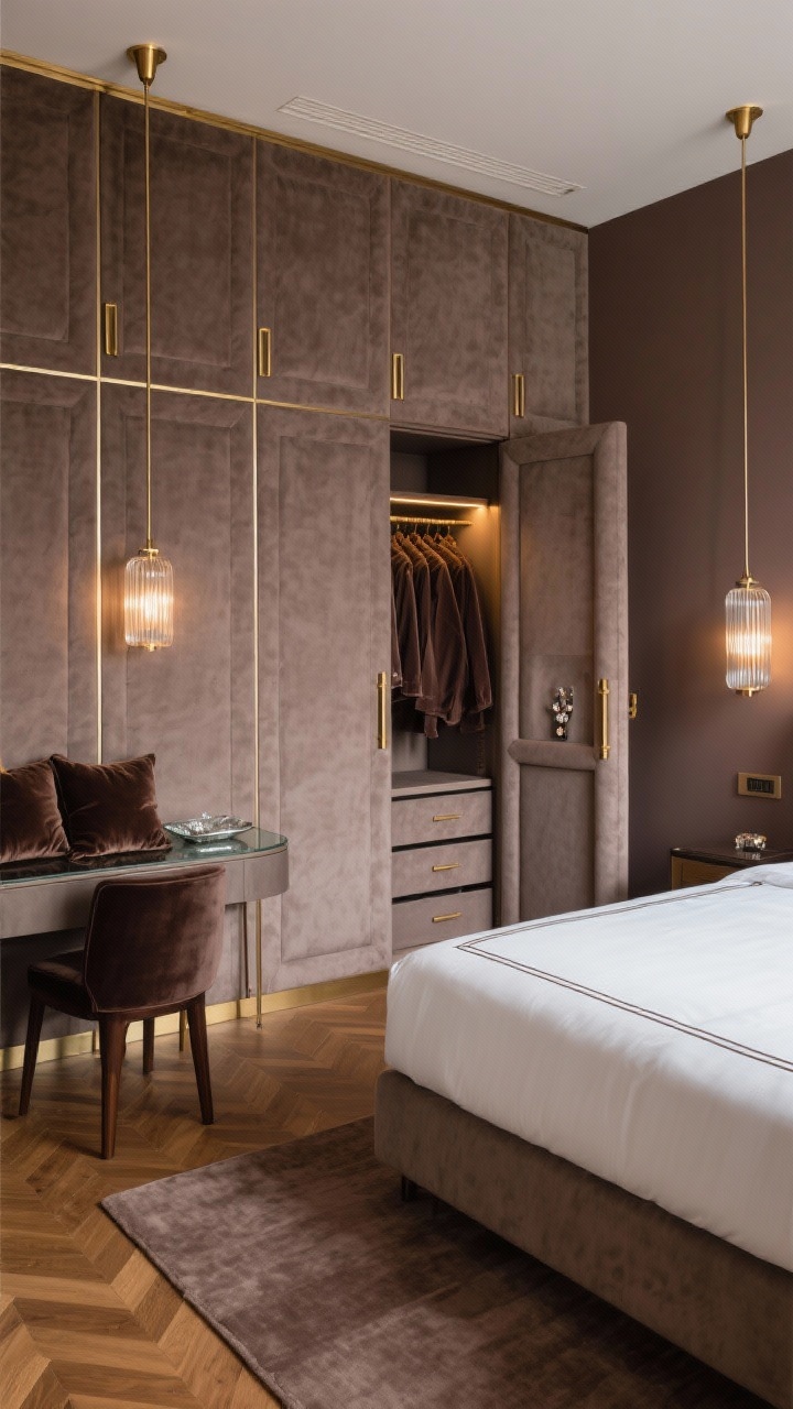 Wide, luxurious straight-on view, Luxe Hotel: wall-to-wall wardrobe with upholstered panel doors in rich taupe performance fabric, edged in slim brass trim with sleek brass baton pulls; brass picture lights mounted above casting a warm glow; walls in moody mushroom, a tall upholstered bed in a coordinating tone with crisp white hotel bedding featuring a double-line border; herringbone wood or warm laminate flooring with a plush taupe rug; bedside ribbed glass sconces, a smoked glass tray on a dresser, velvet throw pillows, and a dark wood valet chair; open one wardrobe panel to reveal integrated LED lighting, velvet-lined jewelry drawer, pull-out trouser rack, and a slim vertical niche for a steamer; sophisticated, quiet luxury ambiance.