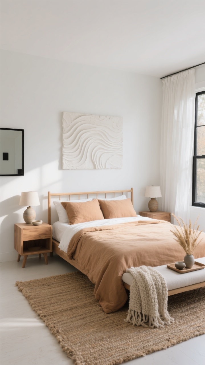 Wide, minimal bedroom scene in morning light: white walls, light oak bed frame with clay-toned linens and a wheat-colored duvet; above the bed a DIY plaster art panel with soft, textured waves; oak nightstands each with a ceramic lamp with linen shade and a small stoneware dish; low-profile bench at the foot holding a bouclé throw and a tray with dried grasses; sheer linen panels at the windows, woven jute rug on the floor, minimal black-framed mirror; palette white, wheat, clay, oat, soft black; calm, airy, quietly autumnal; photorealistic.
