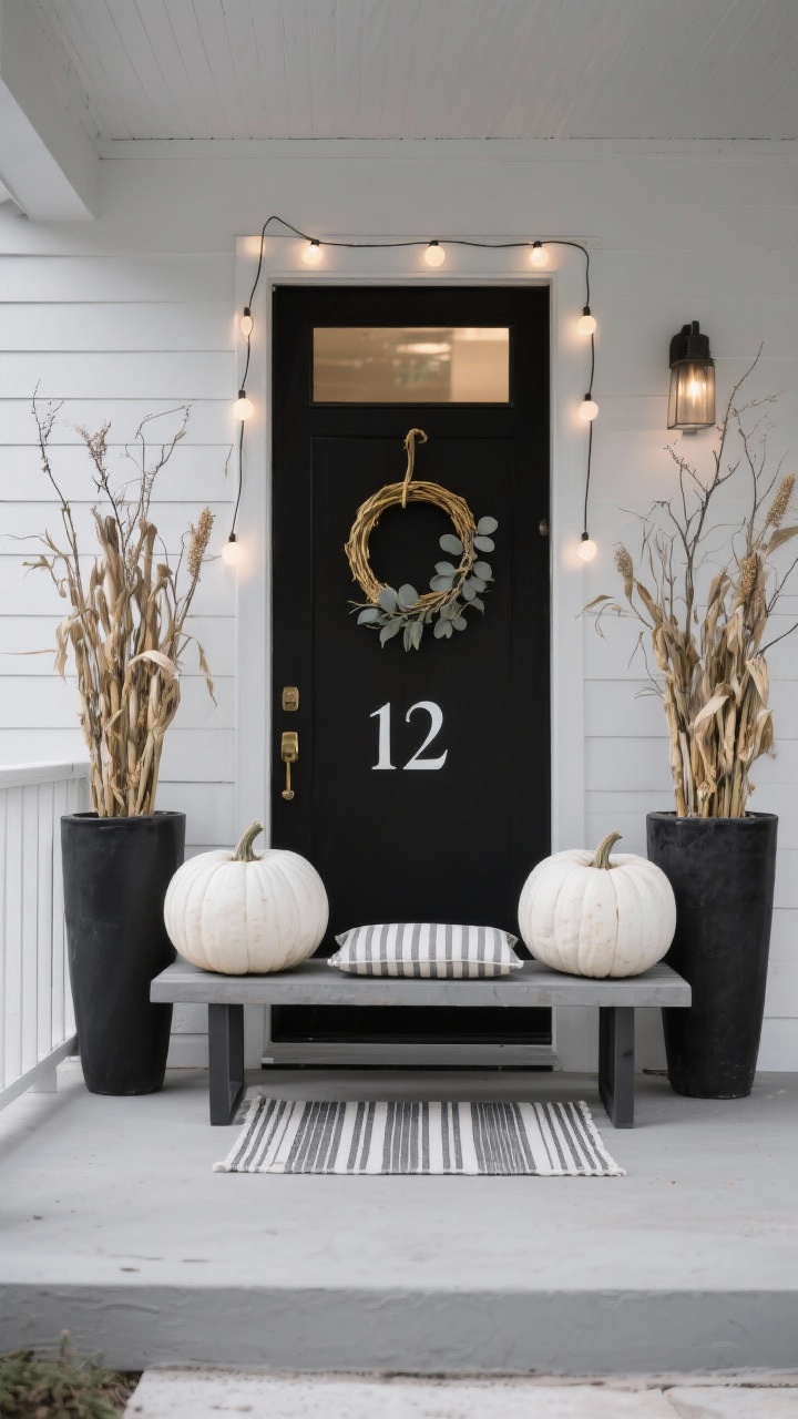 Wide, minimalist porch, straight-on, in crisp black-and-white contrast: tall black planters flanking the door filled with vertical cornstalks and clipped branches; two oversized white pumpkins with a matte, stone-like painted finish sit symmetrically; a narrow striped runner and a slim lumbar cushion on a modern bench add subtle texture; a brass hoop wreath with a single eucalyptus stem on the door, house numbers painted on one pumpkin; a single strand of soft globe lights lines the doorframe, dusk lighting, palette of black, white, soft gray with a hint of brass, photorealistic.