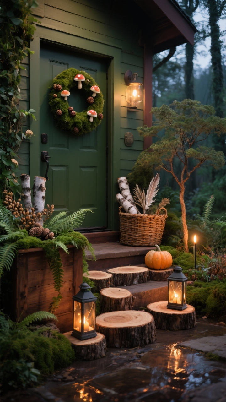 Wide, moody dusk shot of a “Woodland Enchanted Entry”: palette of moss green, walnut brown, and amber; steps lined with wood slices used as pedestals for mini lanterns and small gourds; cedar planter box overflowing with ferns, trailing ivy, and dried seed pods; moss-covered wreath at the door adorned with tiny faux mushrooms and acorns; woven basket with birch logs and tucked dried feathers; warm, low stake lights hidden among plants and a subtle spotlight aimed at a small ornamental tree; deep forest green or dark walnut door grounding the scene; earthy, layered, magical atmosphere, glistening reflections, no people.