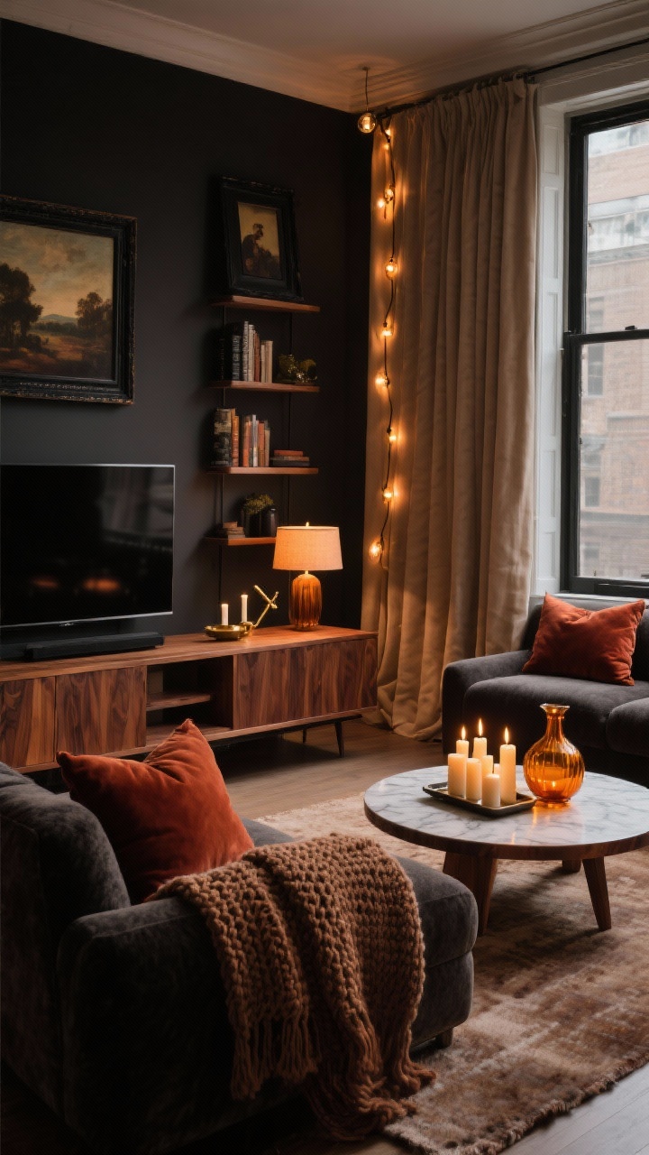 Wide, moody living room scene titled “Moody Walnut Lounge With Amber Glow”: warm walnut TV console, round walnut coffee table, softly lit walnut bookshelf; dark charcoal nubby-fabric sofa with two oversized rust velvet pillows; chunky knit throw draped over the arm; wool rug in warm taupe; linen curtains in mushroom beige with dimmable bulb string lights along the curtain rod; amber glass table lamps casting an amber glow; pillar candles lined on a marble tray; palette of deep espresso, burnt caramel, rust, with accents of matte black; decor includes vintage-style oil art prints in black frames, brass candle snuffer, and amber glass vases; low, cozy cocktail-lounge ambiance, photorealistic, no people.
