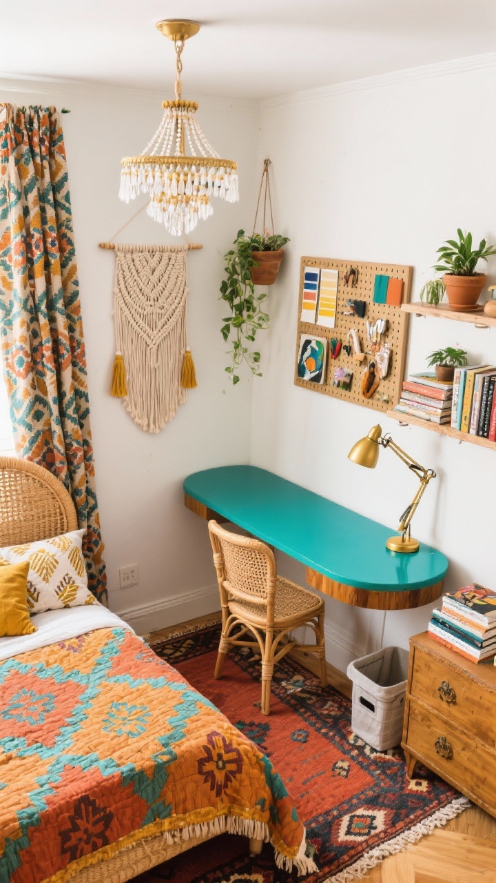 Wide overhead corner angle, photorealistic: A bold boho small bedroom with warm white walls and a low rattan headboard, anchored by a vibrant kilim rug setting the palette of terracotta, teal, and golden ochre. In the corner, a compact rounded-edge corner desk in glossy teal (optional natural mango wood accents visible) with a gold gooseneck task lamp, a petite cane-back chair, and a wall-mounted pegboard above serving as a mood board with art swatches and tools. Layered textiles include a block-printed quilt, tassel throw pillows, and patterned blackout curtains. A beaded chandelier hangs centered overhead. Decor features potted plants on hanging shelves, a macramé wall hanging, stacks of art books, plus underbed bins and a narrow vintage dresser. The vibe is playful, creative, and space-smart.