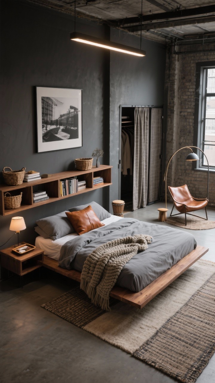 Wide overhead/oblique shot of an urban loft bedroom with a floating king bed centered in the room, photorealistic. Industrial-warm palette: charcoal, soft gray, walnut wood, tobacco/cognac leather. The bed is a simple wood platform, layered with gray linen duvet, chunky knit throw, and a cognac leather lumbar pillow. Headboard substitute: a low open-backed waist-high bookcase/console behind the bed, facing the entry, styled with baskets, books, a table lamp, and a small tray. Lighting: a linear ceiling fixture centered over the bed; an arc floor lamp near a window lounge area with a leather sling chair and a small drum side table. Two rugs to zone: a plush neutral under the bed and a flatweave runner leading to the closet. Storage: a wall-mounted wardrobe system with sliding doors or textured fabric curtains. Oversized black-and-white photography on walls; cohesive loft energy; no people.