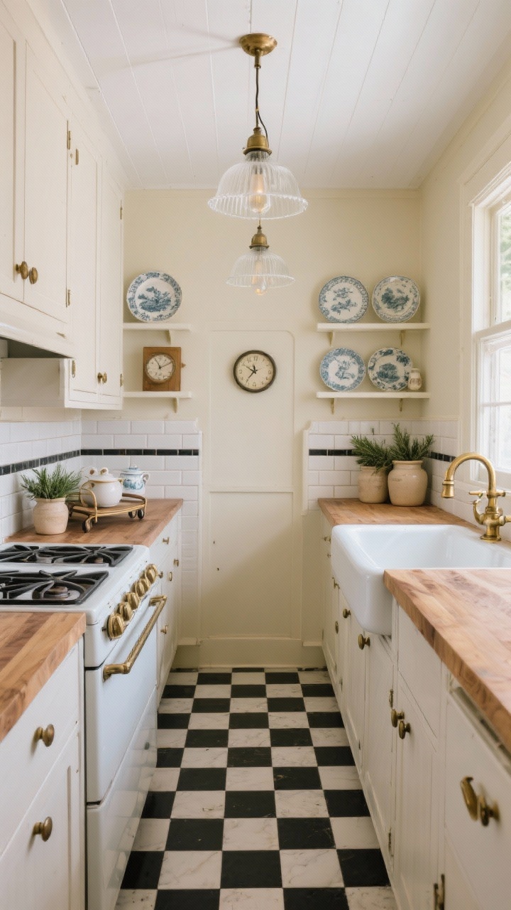 Wide room shot: A 1920s-inspired black-and-white bungalow galley kitchen viewed straight-on, featuring 8x8 ceramic checkerboard black-and-white floor tiles, buttermilk cream walls with a bright white ceiling, shaker inset cabinets in mushroom white with brushed brass latches and cup pulls, warm oiled butcher block countertops, and a deep porcelain farmhouse sink under a window with an unlacquered brass bridge faucet. Classic white subway tile with dark grout forms the backsplash. Two milk glass schoolhouse pendants cast a soft, flattering glow. Open shelves near the stove display transferware plates and salt-glazed crocks with sprigs of rosemary. Include a vintage pull-down wall clock and a small rolling tea trolley. Mood: grounded, friendly, authentic 1920s with modern comfort. No people, photorealistic.