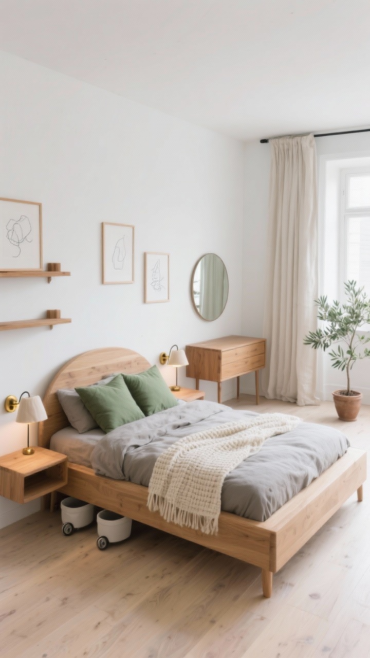 Wide room shot: A sunlit Scandinavian small bedroom with cloudy off-white walls and pale oak matte laminate floors. Centered is a low-profile oak platform bed with a rounded headboard, dressed in a stone-colored linen duvet, a creamy waffle throw, and two oversized sage green pillows. Narrow wall-mounted oak shelves act as nightstands, each with a matte brass plug-in sconce with a linen shade casting a warm glow. Opposite the bed, a shallow oak dresser on slender legs sits beneath a round frameless mirror reflecting light. A floor-length linen curtain hides a closet track system, and a small potted olive tree sits in the corner. Simple line drawings in thin oak frames adorn the wall; under-bed low rolling bins are subtly visible. Bright, airy, photorealistic, calm vibe.