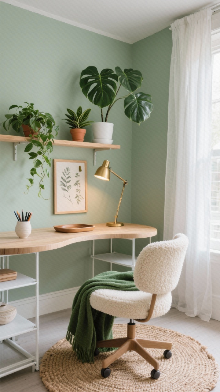 Wide room shot, Botanical Modern office: soft sage green walls, light oak rounded-corner desk, cream bouclé low-profile swivel chair, woven jute rug, open white metal shelves sparsely styled, minimalist brass task lamp casting a warm glow, sheer white curtains filtering daylight, plants layered by height—a tall fiddle-leaf fig in a white planter, trailing pothos on the top shelf, petite ZZ plant on the desk in terracotta/matte white pots, thin oak-framed botanical line drawings, linen pinboard, ceramic tray for pens, moss-green throw folded over chair; mood calm, airy, fresh; photorealistic, corner angle with natural light.