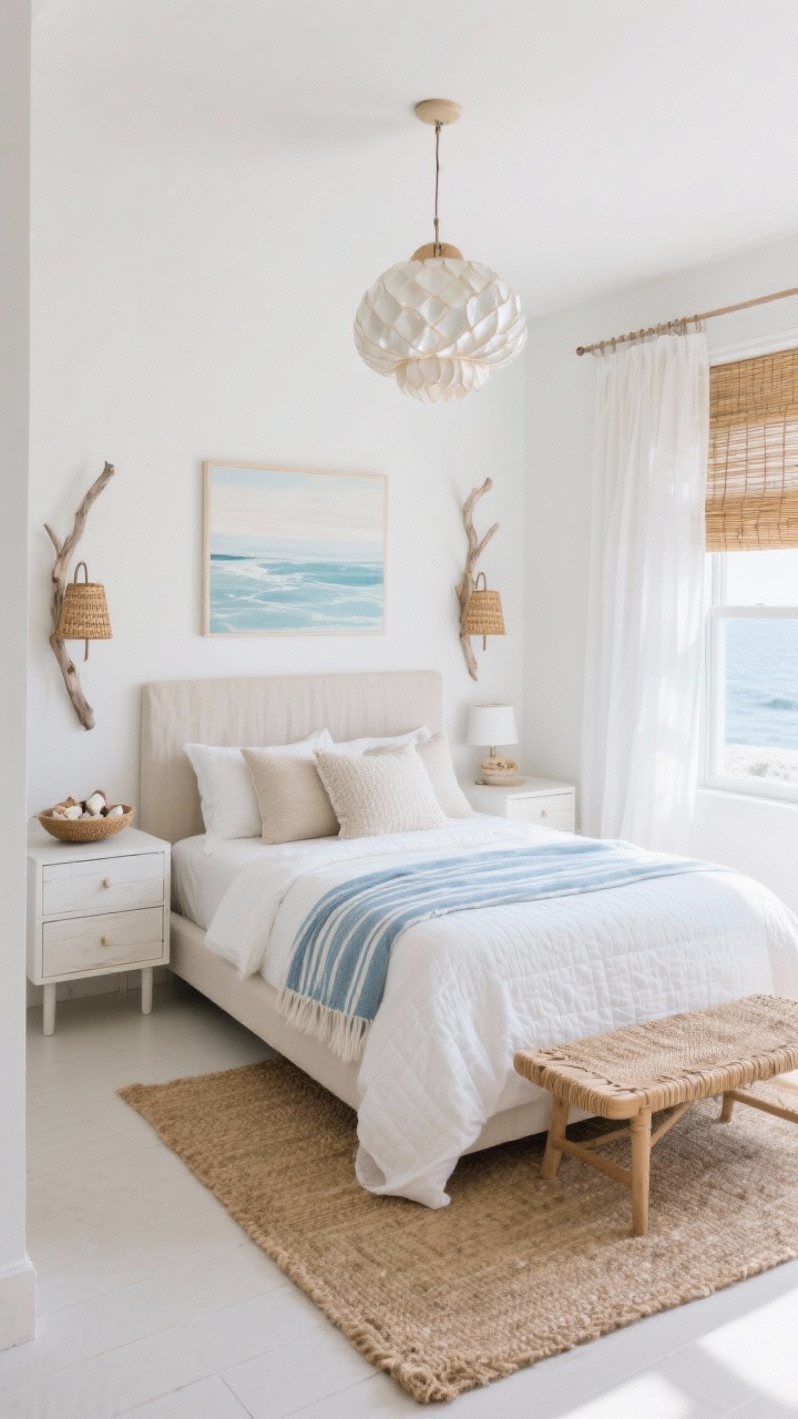 Wide room shot — Coastal Calm: A small boutique-style bedroom in soft whites, sandy beiges, and pale ocean blues. Low-profile bed with a linen slipcover headboard dressed in tonal bedding: white quilt, blue striped throw, and textured pillows. Flatweave jute rug on the floor. Slim whitewashed dresser and floating nightstands keep the floor open. Sheer white curtains layered with a natural bamboo shade at the window. Woven rattan wall sconces instead of table lamps; an overhead capiz shell pendant casting a delicate shimmer. Driftwood accents, a bowl of shells, ocean-inspired artwork, and a woven bench at the foot of the bed. Bright, airy daylight with gentle coastal mood, no people, photorealistic.