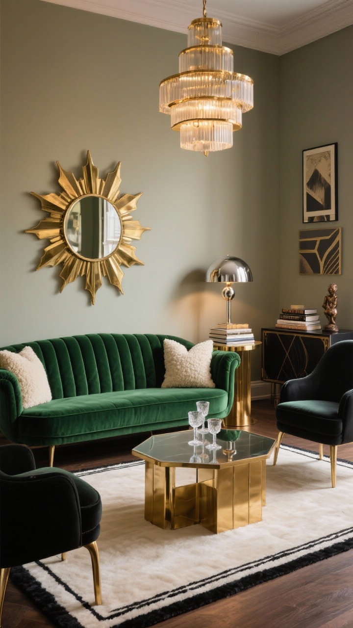 Wide room shot — Gatsby-Inspired Living Room: A glamorous Art Deco living room in moody emerald green, ink black, warm brass, and cream. Curvy deep-emerald velvet sofa with subtle channel tufting sits on a plush cream rug with bold black border. In front, a low octagonal smoked-glass and brass coffee table styled with cut-crystal coupes. Walls in soft smoky beige; above the sofa a large sunburst mirror reflects a tiered geometric brass chandelier with frosted glass. Flanking the sofa: black lacquer accent chairs with slim arms and cream bouclé cushions; between them, a slim polished brass drinks table. To the side, a sideboard vignette with a chrome mushroom lamp, stacked hardcover art books, and a small bronze figurine. Include geometric art prints, velvet and bouclé textures, lacquer sheen, and softly glowing evening lighting. Angle: corner perspective capturing the sofa, mirror, chandelier, and side vignette, photorealistic, no people.
