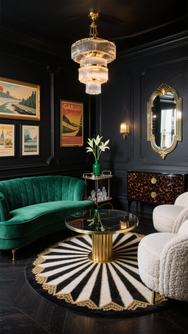 Wide room shot, Gatsby Lounge: a luxurious Art Deco living room with high-gloss inky black walls and midnight charcoal undertones, a curved emerald velvet sofa as the focal point, opposite a pair of ivory bouclé barrel armchairs; a round smoked-glass cocktail table with a radiating brass sunburst base centered on a geometric fan-motif rug in black, cream, and hint of gold thread. Overhead, a tiered brass and opaline-glass chandelier casts a sleek speakeasy glow. On the walls: framed vintage travel posters and a large deco mirror with stepped edges. Along one wall, a Macassar ebony sideboard (or faux-tortoiseshell credenza with fluted detailing). In the corner, a petite mirrored bar cart topped with cut crystal, a jade-green vase, and long-stemmed lilies. Moody, layered lighting with soft reflections, no people, photorealistic, shot from a corner angle to capture depth and shimmer.