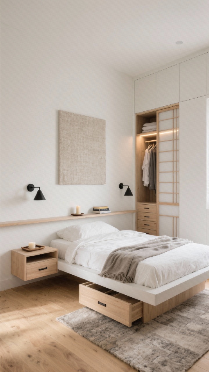 Wide room shot, Japandi Calm With Integrated Built-Ins: A serene small bedroom with warm white walls and blonde oak floors, a low-profile floating platform bed in pale oak featuring two flat under-bed drawers with finger pulls slightly open, narrow floating nightstands, and a seamless floor-to-ceiling built-in wardrobe painted to match the walls with a shoji-style sliding door. Hidden LED strip glows inside the open wardrobe section revealing full-height hanging, slim drawers for tees, and soft-close cubbies for linens. Black swing-arm sconces flank the bed; a crisp white linen duvet, stone-colored throw, and tonal area rug add texture. Across from the bed, a slim floating console shelf holds a tray, candle, and a couple of books. One oversized textured canvas hangs above the bed. Mood: quiet luxury, spa-level calm, natural morning light, photorealistic.