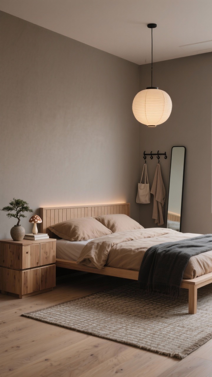 Wide room shot, Japandi Zen Studio: A minimalist bedroom with taupe-greige walls and a tatami-inspired low bed featuring a linear flat-panel wood headboard that spans the wall and doubles as a ledge holding a tiny mushroom lamp, a ceramic bud vase, and a book. Stone-washed linen bedding in warm beige with an ink-colored throw for contrast. Modular ash wood cube cabinets stacked as a mini wardrobe, blackened steel hooks with a robe and tote, and a slim floor mirror leaning to elongate the space. Light wood flooring with a flat woven cotton rug in a quiet pattern. A round paper lantern pendant provides soft, diffused light; a single bonsai adds calm. Photorealistic, serene, straight-on view with gentle evening glow.