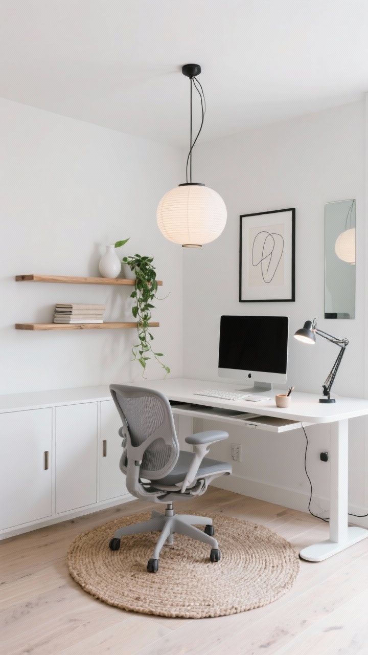 Wide room shot, Modern Minimalist Zen Den: a clean, calm home office with soft white matte walls and a matte white standing desk with rounded edges; stone-gray breathable mesh ergonomic chair; woven jute rug on pale wood floors; floating white credenza with push-latch doors; two stacked natural wood wall shelves sparsely styled with a small white ceramic vase, a trailing pothos, and a stack of linen-bound notebooks; slim black LED task lamp at 3000K on the desk and a paper lantern pendant overhead for diffused glow; cables hidden via an under-desk tray; one large abstract line drawing in a thin black frame and a floor-length mirror bouncing light; single monitor on a sleek arm, low-profile keyboard, and a small ceramic pen tray. Photorealistic, straight-on view, daylight softened by pendant, serene and clutter-free.