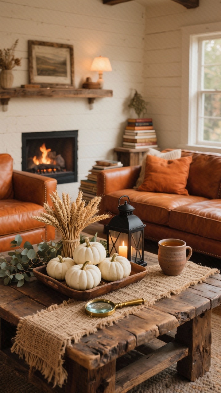Wide room shot, Rustic Harvest Hearth: a cozy living room with creamy walls and soft caramel leather sofas surrounding a chunky reclaimed wood coffee table. Warm palette of burnt orange, wheat, and deep espresso. On the table, a woven jute runner beneath a low wooden tray filled with mini white pumpkins, dried wheat bundles, and a matte black candle lantern casting a fireplace-like flicker. Nearby, a stack of well-loved coffee table books topped with a vintage brass magnifying glass. Include raw wood, jute, and ceramic textures; hints of eucalyptus; a hand-thrown clay mug with cider on the table. Soft evening glow, slightly imperfect details like frayed runner edges and chipped pottery. Photorealistic, straight-on wide angle.