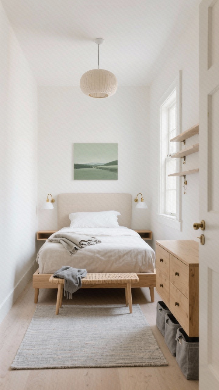 Wide room shot, Scandinavian minimalism: A narrow small bedroom with soft warm white walls, a low-profile platform bed on angled pale oak legs and a slim oatmeal-linen upholstered headboard placed on the wall adjacent to a single window (not under it). Floating 8-inch-deep ledge shelves act as nightstands on both sides with hardwired brass-arm sconces with white shades above. A narrow 4-drawer chest sits opposite the bed. Palette of pale oak, stone gray textiles with a whisper of sage green. A single oversized muted landscape print centered above the headboard. At the foot, a slim woven bench holding a folded throw and next-day outfit. A pale gray flatweave rug extends 18 inches beyond the bed on both sides. Add a linen drum ceiling fixture and soft daylight filtering from the window; include subtle under-bed fabric-lidded bins and a wall-mounted peg rail near the door. Clean, airy, cohesive, photorealistic.