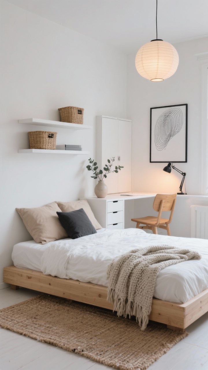 Wide room shot, Scandinavian Sleep-Work Sanctuary: a small airy bedroom-office with white walls, a low-profile light oak platform bed, crisp white linen duvet, two sand-colored pillows, and a single charcoal lumbar pillow. A slim wall-mounted white floating desk with a single drawer, paired with a natural wood chair and a small matte-black task lamp. Two floating shelves above the desk holding closed woven baskets; a narrow closed white cabinet hides clutter. One oversized black-and-white line print on the wall, a simple ceramic vase with eucalyptus, and a neutral jute rug layered over a flatweave rug. Soft textures like a chunky knit throw at the bed’s foot. Warm diffused glow from a paper lantern pendant; evening scene with the task lamp on a warm bulb. Palette: white, oatmeal, warm gray, blonde wood. Photorealistic, straight-on perspective, clutter-free minimal styling.