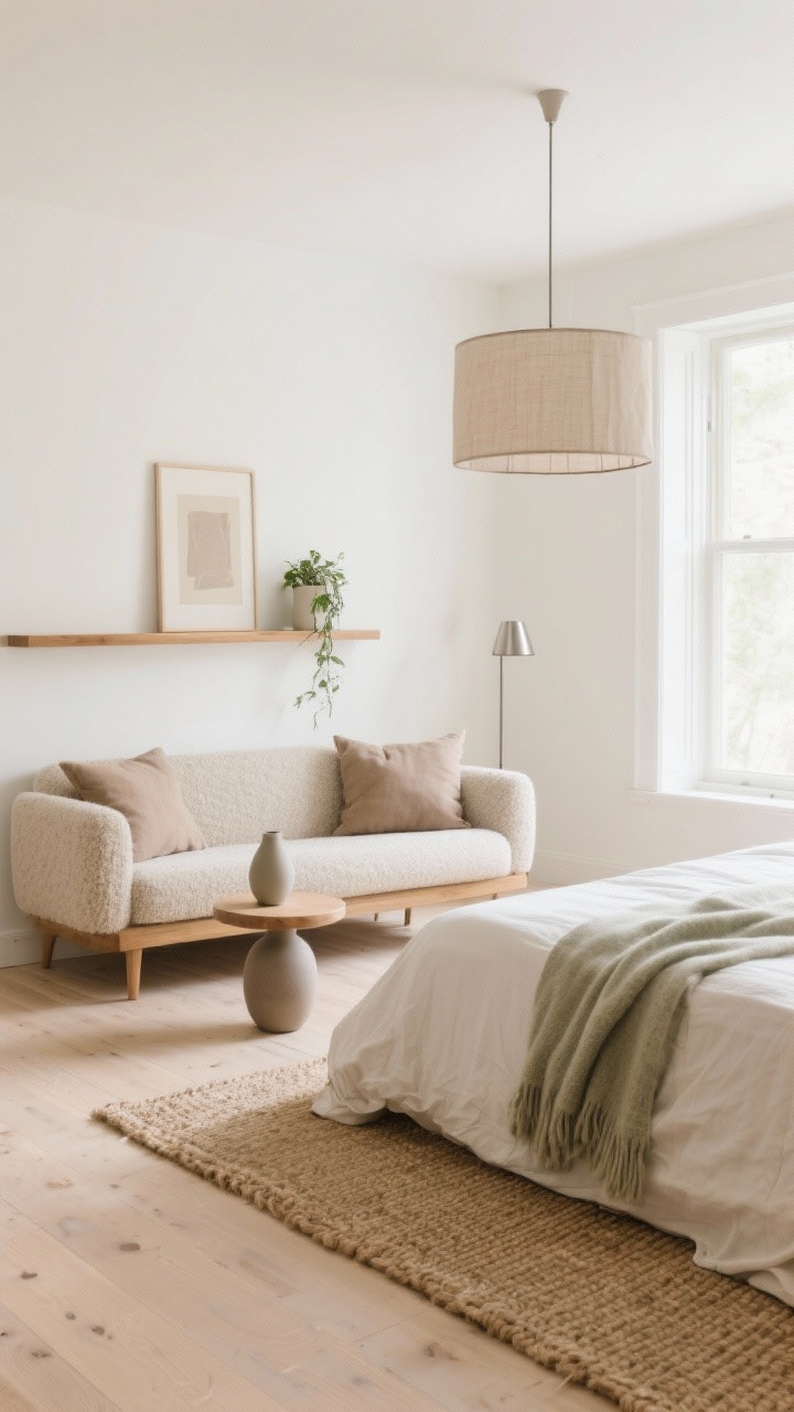 Wide room shot, Scandinavian soft minimal bedroom: warm white creamy walls, bleached oak floor, low-profile armless or slender-armed loveseat in textured bouclé or tightly woven wool (70–72 inches) on wood feet placed under a window; bed with oat linen duvet, oversized soft taupe pillows, neatly folded wool throw at edge; palette of oatmeal, cloud white, driftwood, whisper of sage; woven jute rug connecting bed and loveseat; oak ledge shelf above sofa with neutral art and a small trailing plant; round nesting side table with a single sculptural matte ceramic vase; linen drum pendant overhead and a slim brushed-nickel floor lamp with tiny footprint; soft morning natural light, serene and quietly luxurious, photorealistic, no people.