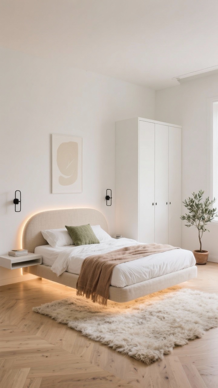 Wide room shot, Serene Scandinavian Cocoon: A small minimalist bedroom with soft white walls warmed with a hint of cream, pale oak floors, and a low-profile platform bed with a rounded oatmeal linen headboard. Crisp white duvet layered with a gauzy warm taupe throw and a single textured pillow in sage. Floating night shelf instead of bulky nightstands, with slimline matte black wall sconces on either side. Opposite the bed, a shallow wardrobe with hardware-free flat white doors. A fluffy wool rug peeks out on three sides of the bed, a petite potted olive tree in the corner, and a single cream-toned abstract print on the wall. Warm LED strip glows under the headboard for a floating effect. Photorealistic, straight-on composition, soft diffused daylight plus warm accent lighting.