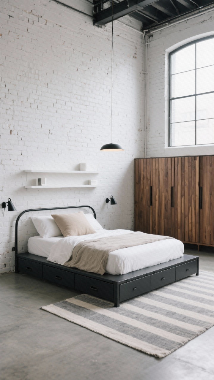 Wide room shot, Steel-Soft Minimalist Loft: A quiet, airy small warehouse bedroom with whitewashed exposed brick walls, matte black metal platform bed centered against the brick, crisp white percale sheets, stone-colored duvet, and a single oversized beige linen lumbar pillow. Slim wall-mounted white shelves act as nightstands with tiny matte black pivot sconces; a slim linear pendant hangs above. Low-profile flat-woven rug in soft gray stripe on polished concrete floors. Hidden under-bed drawer system flush with the frame, and a wall-length built-in slatted oak wardrobe adding warmth and rhythm. Color palette: chalk white, charcoal, oak, flax. Photorealistic, natural daylight filtering from high warehouse windows, straight-on view.