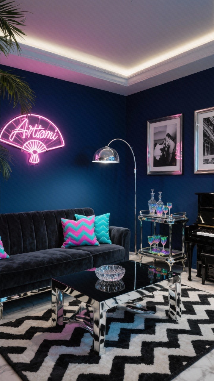 Wide room shot, straight-on angle: A moody Midnight Miami lounge with matte midnight-blue walls glowing from a custom neon sign (cursive initials or Art Deco fan motif), dimmable LED cove lighting, and a chrome arc floor lamp with a smoked-glass dome shade. Center a black glass coffee table with geometric chrome legs in front of a low-profile charcoal velvet sectional trimmed in polished chrome. Add pops of fuchsia and electric teal through zigzag Deco-pattern throw pillows, a plush black-and-white chevron rug, and oversized black-and-white photography in thin chrome frames. Include a mirrored bar cart with cut-glass decanters and iridescent coupe glasses, lacquered piano-black pedestal side tables, and a sculptural palm in a silver planter. Photorealistic, neon-meets-noir, reflective surfaces softly shimmering.