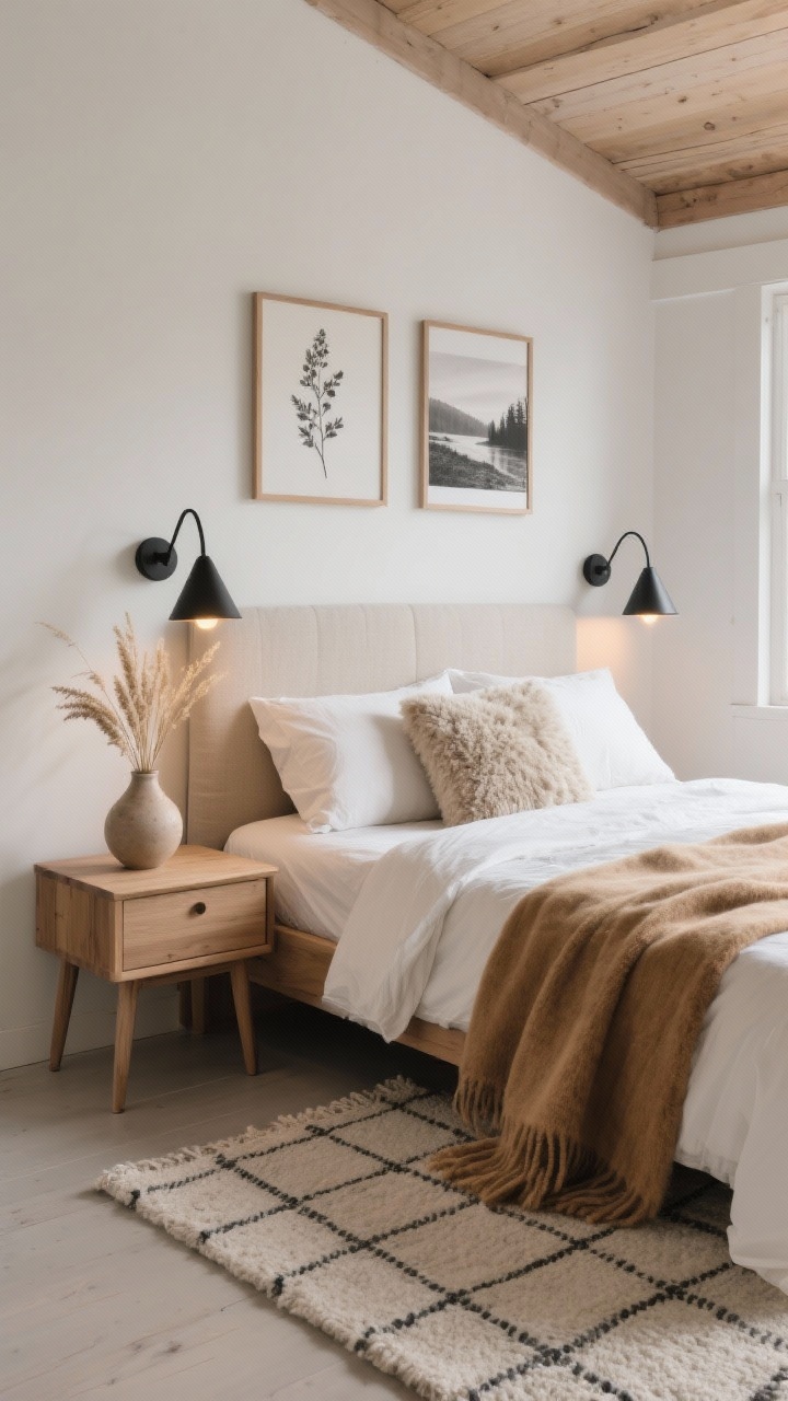 Wide, serene “Nordic Cabin Minimalist Bedroom”: oak bedside tables, linen-upholstered headboard, crisp bedding layered with a camel wool blanket; bedscape includes flax duvet, ivory sheets, two euro pillows, and a boucle lumbar; shearling accent pillow; flat-weave rug with a subtle grid; dried grass arrangement in a ceramic vase on the nightstand; cone sconces in matte black with warm 2700K bulbs only; monochrome landscape prints or pressed botanicals in thin wood frames; palette restricted to oat, cream, camel, and soft charcoal; uncluttered Scandinavian calm, photorealistic, no people.