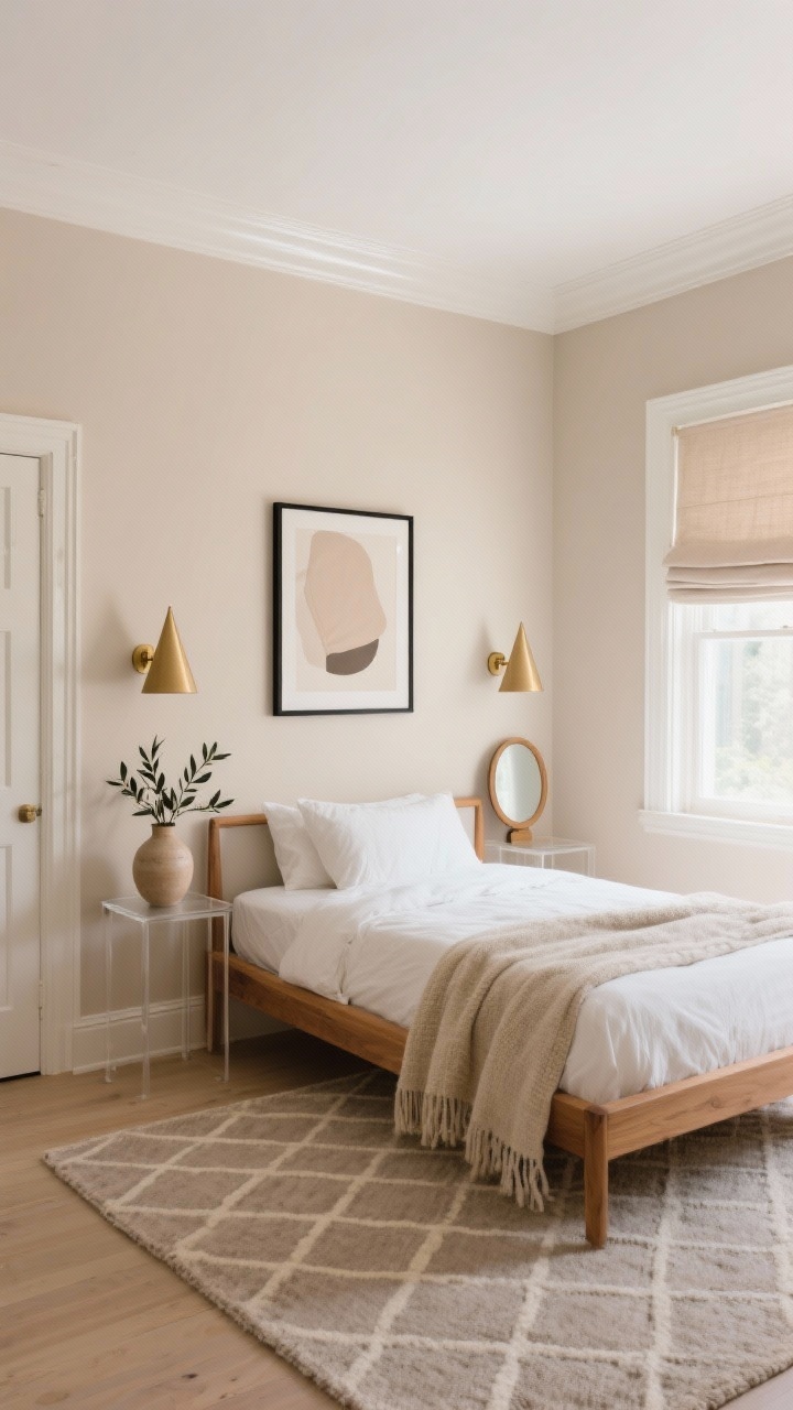 Wide shot: A calm, warm-minimalist small bedroom painted in soft warm beige walls with a clean bright white ceiling and off-white satin trim on doors and baseboards; low-profile oak bed frame with crisp white linen duvet and a textured oatmeal throw; cone-shaped wall sconces with brass accents mounted above clear nightstands; flatweave rug in pale taupe with a minimal geometric pattern; an oversized matte black frame featuring a neutral abstract print above the bed; a ceramic vase with olive branches on a slim nightstand; linen roman shade in sand at the window; a small round wood mirror reflecting light; soft morning natural light for an airy, restorative feel, photorealistic, straight-on angle.