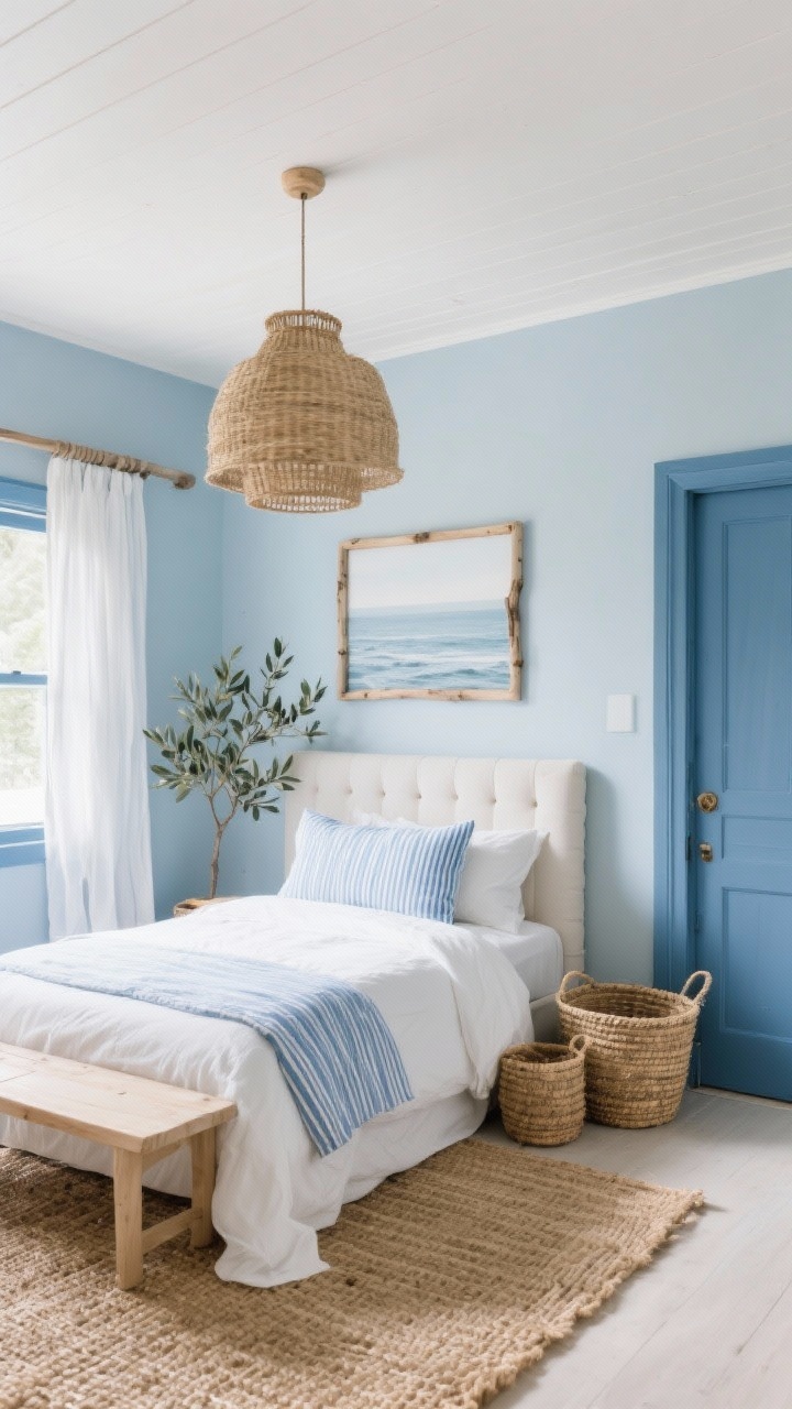 Wide shot, breezy and bright: A coastal small bedroom with dusty blue walls and matching tone-on-tone satin blue trim and doors, soft white ceiling; upholstered ivory linen headboard with white duvet and airy blue ticking stripe pillows; natural jute/sisal rug grounding the space; rattan/seagrass pendant light centered to add height and texture; driftwood-toned frame with a minimal seascape on the wall; woven baskets for storage beside a light wood bench at the foot of the bed; sheer white curtains that puddle slightly at the window; a small olive tree or eucalyptus stems for freshness; daylight streaming in, photorealistic, slight corner perspective.