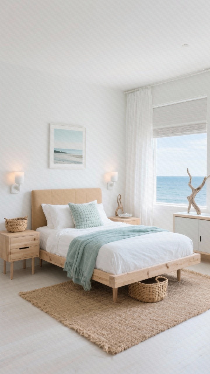 Wide shot, bright straight-on view: “Coastal Minimal Oasis” with soft white walls, abundant natural light, and pale oak/ash finishes. A simple oak bed with a linen-upholstered headboard in warm sand, layered with crisp white bedding, a pale blue or sage throw, and a textured cushion (waffle or seersucker). Floating nightstands keep sightlines open; a narrow light-wood dresser with slim pulls. White ceramic sconces and warm LED bulbs ensure a soft, non-sterile glow. Natural jute/sisal rug underfoot. Minimal decor: a single minimal landscape print, woven wall basket, and a driftwood-style sculpture on a clear surface. Sheer linen curtains layered over a blackout roller shade at the window. Under-bed fabric/rattan bins subtly visible; a slim wall cabinet for grooming essentials. Palette: white, sand, pale oak, sage/sky. Photorealistic, airy.