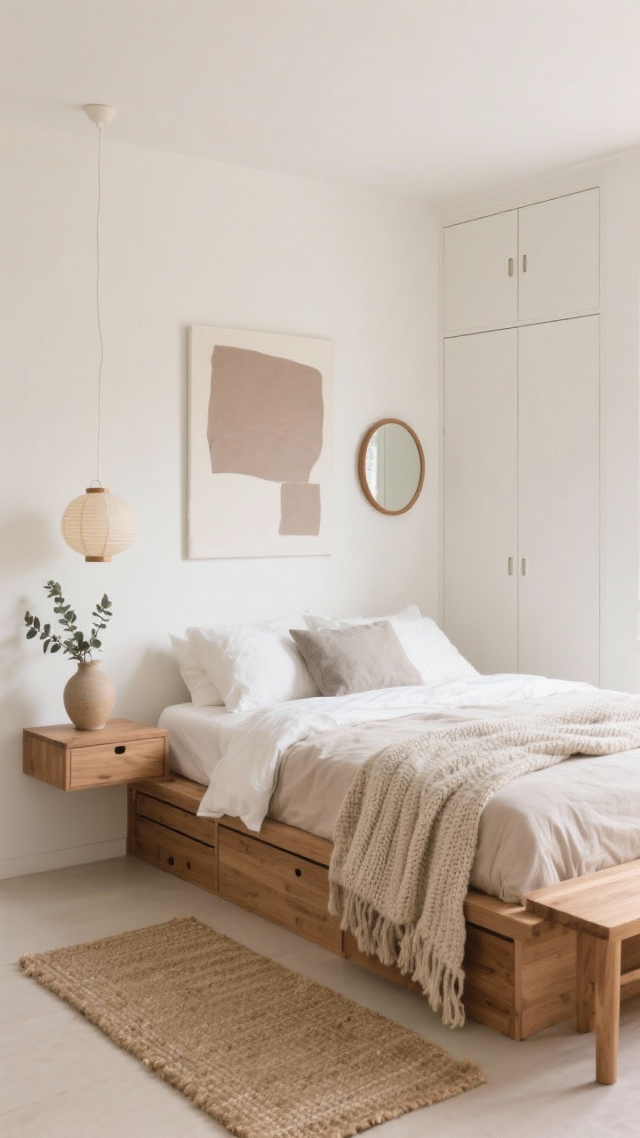 Wide shot, Cloud-Soft Minimalist With Warm Woods: A serene small bedroom with soft white walls tinted cream, a low-profile oak platform bed dressed in layered linen bedding in ivory, sand, and stone. Textures are the focus: nubby throw, crisp cotton sheets, and a chunky knit folded at the foot. A floating oak nightstand and a petite paper lantern pendant hang to free surface space. A narrow natural-wood bench sits at the bed’s end. Storage includes under-bed drawers and a slim ceiling-height wardrobe with matte white flat-panel doors and recessed pulls. Decor is restrained: one oversized abstract print in muted taupe, a round wood-framed mirror, and a single ceramic vase with eucalyptus. A simple jute rug extends beyond the bed sides to visually widen the room. Soft daylight, peaceful and feather-light mood, straight-on angle, photorealistic.