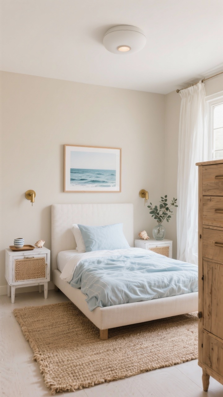 Wide shot, Coastal Calm Nook: A small, breezy bedroom with sand-beige walls and a low-profile platform bed featuring a soft white upholstered headboard, dressed in pale blue linens that ripple like gentle waves. Slim whitewashed nightstands with rattan fronts flank the bed, surface clutter-free thanks to brass wall sconces; a matte white flush-mount ceiling light provides warm, layered illumination. A flatweave jute rug grounds the space, and above the bed hangs an oversize ocean photograph in a thin maple frame. A narrow tall dresser in driftwood tones sits in the corner; sheer white curtains layered with light-filtering shades diffuse daylight. Accents include a ceramic tray, a glass vase with eucalyptus, and a few restrained seashells. Photorealistic, corner angle showing full room, airy coastal mood.