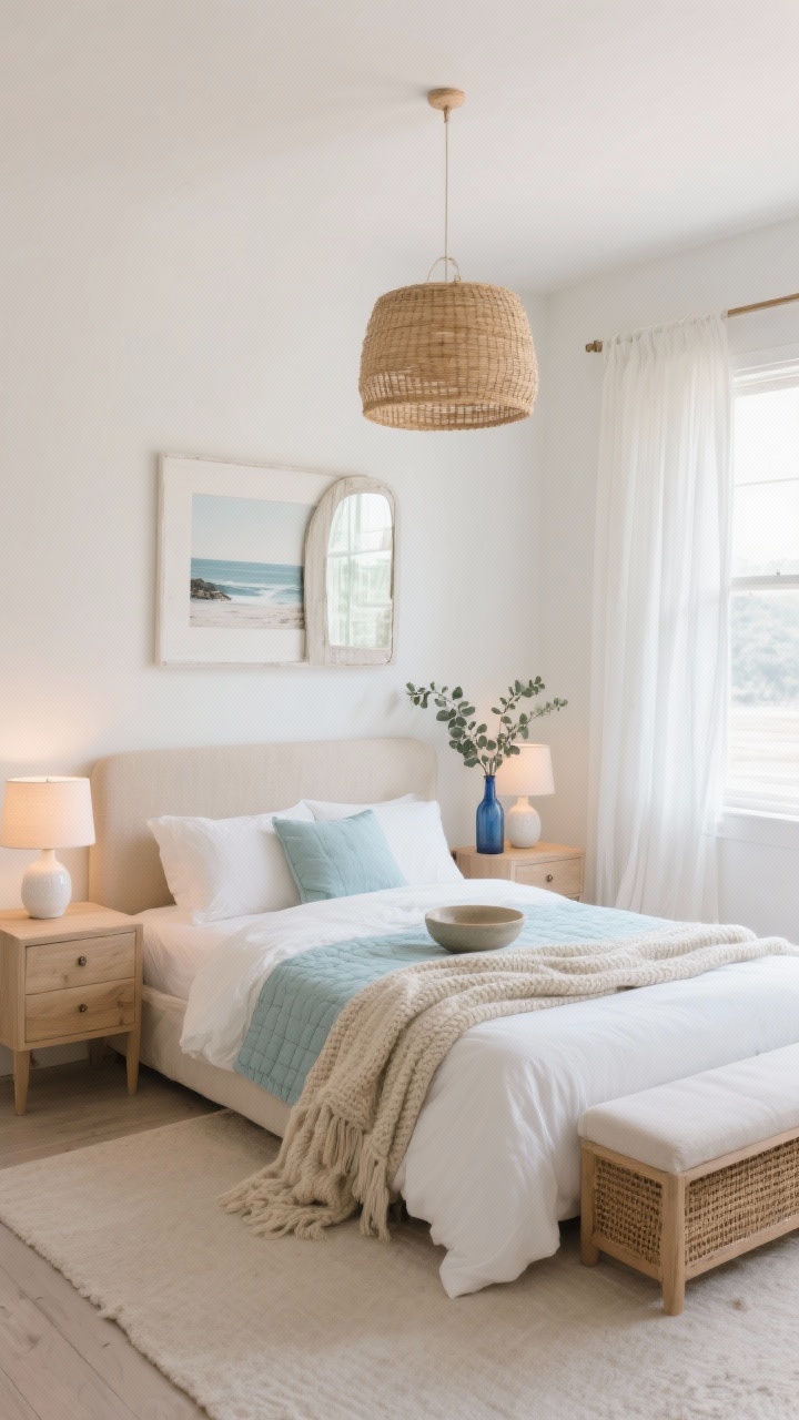 Wide shot, Coastal Calm small bedroom: warm white/soft ivory walls with soft morning natural light, low-profile linen-upholstered headboard in sand tone, crisp white percale sheets, lightweight sea-glass blue quilt and chunky oatmeal knit throw, gauzy white curtains puddling slightly, pale oak nightstands with small white ceramic lamps (warm bulbs), rattan drum pendant overhead, slim woven storage bench at foot of bed, framed coastal photography, whitewashed mirror, a small vase of eucalyptus, minimal styling with a single ceramic bowl on the dresser and a blue glass bottle by the window; textures include driftwood tones, linen, rattan, pale oak; airy, breezy, uncluttered coastal mood; straight-on perspective, photorealistic.