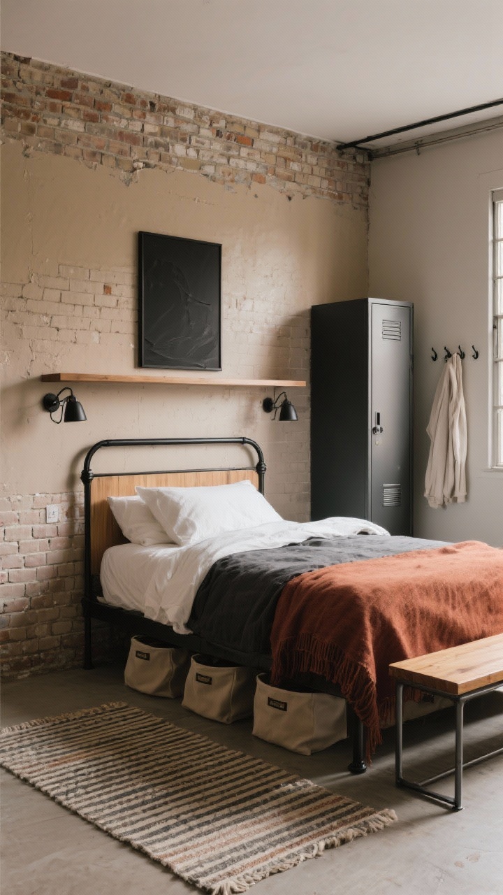 Wide shot from a diagonal corner: “Industrial Nook” small bedroom with a matte black metal bed frame and thin wood slab headboard against a warm greige wall; peel-and-stick brick or limewash feature wall behind the bed for gritty texture; a single wall-mounted shelf runs the width behind the headboard, acting as a floating ledge, with clip-on black task sconces attached; layered neutral bedding—white base, charcoal coverlet, rust throw; under-bed canvas bins partially visible; tall locker-style cabinet in one corner and wall hooks for storage; flat cotton dhurrie rug with thin stripes elongating the room; slim bench at the foot with metal legs and wood top; a large black-framed art print above the bed; moody yet soft natural light with practical, urban loft vibes.