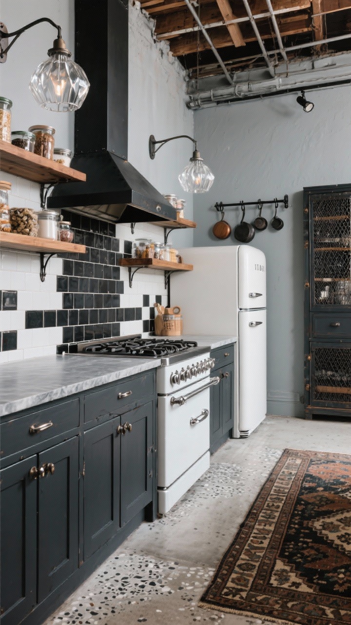 Wide shot from a low corner perspective: An industrial 1920s loft kitchen with charcoal-painted lower cabinets fitted with steel strap pulls, topped by matte soapstone counters. A vintage-style white enamel icebox refrigerator with chrome hinges stands as the focal piece. Limewashed gray walls soften the industrial mood. The backsplash is a bold black-and-white hex tile reaching up to floating steel-and-oak shelves, which hold organized pantry items. Above the island, prismatic holophane pendants create crisp, sparkling light; additional metal sconces illuminate the shelves. Include a freestanding cast-iron range with a simple black hood, a tall pantry cabinet with wire mesh inserts, sealed terrazzo-look concrete floors, a vintage Kilim runner, and a wall-mounted pot rack with blackened iron hooks. Palette: charcoal, white, gray, oiled oak, chrome. No people, photorealistic.