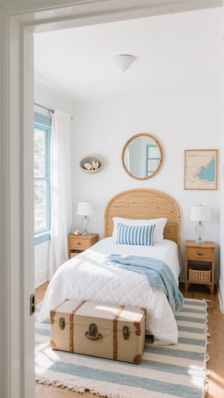 Wide shot from the doorway: A coastal fresh and bright small bedroom awash in sea-salt white walls with pale blue-gray window trim, sunshine streaming through breezy white linen curtains hung high to elongate the room. A cane-wrapped headboard framed in honey-toned wood anchors the bed, which is dressed in a crisp white quilted coverlet, a striped blue lumbar pillow, and a lightweight chambray throw. Two petite wood nightstands with woven shelves sit on either side, topped with glass-base lamps for a summery glow. A trunk-style ottoman at the foot offers storage; a striped rug adds casual beachy pattern. A round mirror above a small dresser reflects light; hardware is brushed nickel/matte white. Decor includes a ceramic bowl of shells and a framed vintage beach map. Airy, easygoing, weekend-ready. No people, photorealistic.
