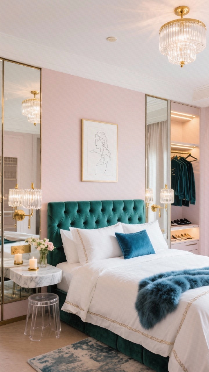 Wide shot, Glam Capsule bedroom: soft powder blush (or pale mink) walls, crisp white bedding with satin-edge border on a bed anchored by a tufted velvet headboard in emerald or sapphire; full-height mirrored sliding wardrobe doors reflecting light to expand the room; inside glimpse shows LED-lit rails, pull-out shoe rack, velvet hangers; antique brass accents throughout; crystal or glass-fluted flush mount ceiling light and brass swing-arm sconces flanking the bed; slender marble-top nightstand with a scented candle and small bouquet; tiny lucite stool that visually disappears; silk-feel throw, faux-fur accent pillow, high-pile rug underfoot; framed line drawing above the bed; bright, glamorous hotel-suite lighting, straight-on view, photorealistic, no people.