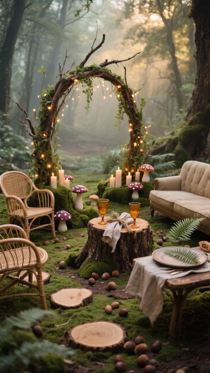 Wide shot, immersive perspective: A “Woodland Enchanted Nook” ceremony vignette with foraged branches arranged into a crescent arch, mossy bases, twinkle lights woven throughout, trailing ivy, and clusters of mushroom-shaped candles and ceramic toadstools. Ground styled as a forest floor with moss runners, wood slices, and scattered acorns. Seating of rattan or bentwood chairs and a vintage loveseat around a tree-stump coffee table. Amber goblets and stoneware plates with linen napkins tied in twine and a fern sprig on a nearby table. Palette of moss, fern, bark brown, mushroom cream, and deep wine. Soft, magical, dappled warm lighting; photorealistic, no people.