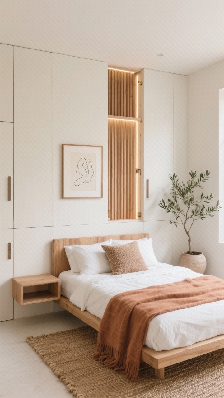Wide shot, Japandi Calm bedroom: a small, serene space with warm white creamy off-white walls, a floor-to-ceiling built-in wardrobe featuring vertical slatted oak doors with push-to-open hardware (no handles), slim LED strip lighting glowing inside partially open doors, low-profile natural wood bed with crisp white linen, a clay-toned throw, two textured pillows, floating nightstands, a woven jute rug underfoot, a single large framed line drawing above the headboard, and one tall olive-tree-style faux plant in a ceramic pot; palette of warm white, sand, and muted clay; soft natural daylight for a warm minimal mood.