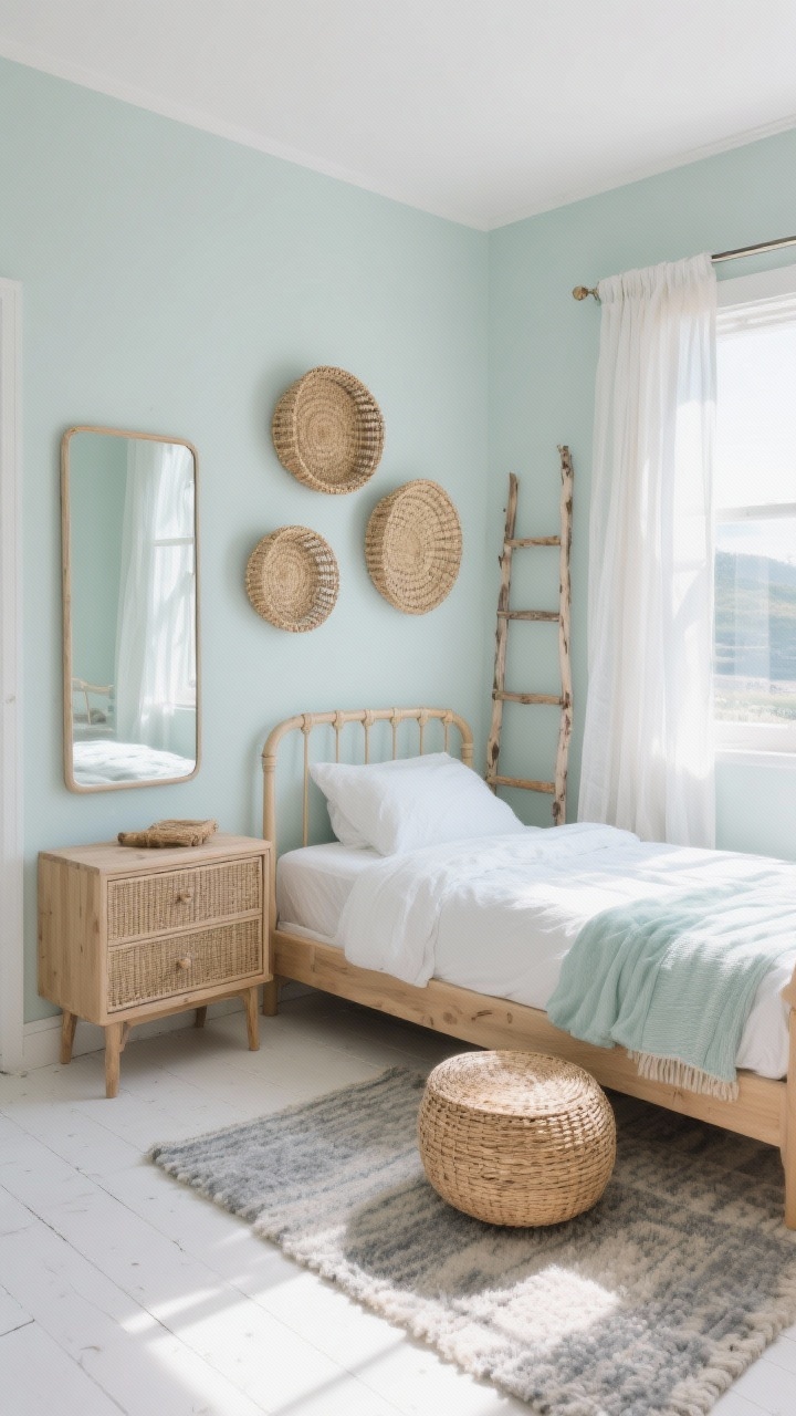 Wide shot, Light-Soaked Coastal Scandi: An airy small bedroom bathed in natural sunlight with walls painted sea mist/pale sage and whitewashed floors. A blonde ash spindle bed is dressed in whites and sea-glass hues. Furnishings include a cane-front dresser, a rattan ottoman at the foot of the bed, and a slim ladder shelf doubling as a nightstand. Sheer linen curtains flutter at a window, a textured wool flatweave rug grounds the space, and a trio of woven wall baskets adds subtle pattern. A large leaner mirror bounces light to visually stretch the walls. Accents in driftwood, woven straw, and soft grays maintain cohesion. Bright daytime light, calm coastal-scandi mood, straight-on view, photorealistic.