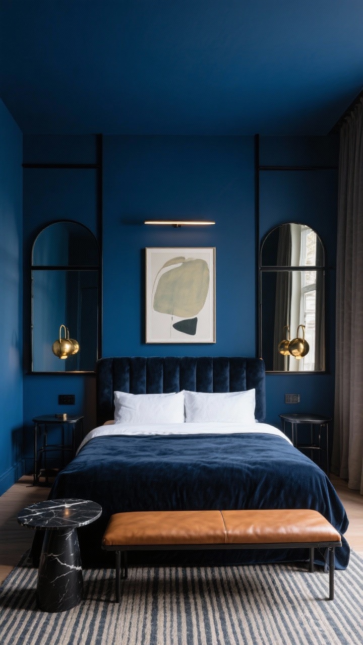 Wide shot, low angle from the foot of the bed: A bold boutique hotel-style small bedroom with midnight blue walls and an ink velvet upholstered low bed. Behind the bed is a three-panel mirrored headboard wall, segmented with thin matte black metal reveals. Brass globe sconces flank the bed, casting warm dimmable light; a slim picture light hovers over a single large muted abstract print. Side tables are black metal; a narrow cognac leather bench sits at the foot. Grounding the scene is a striped flat-weave rug and a small black marble pedestal side table. Mood: moody, dramatic, architectural. Photorealistic, no people.