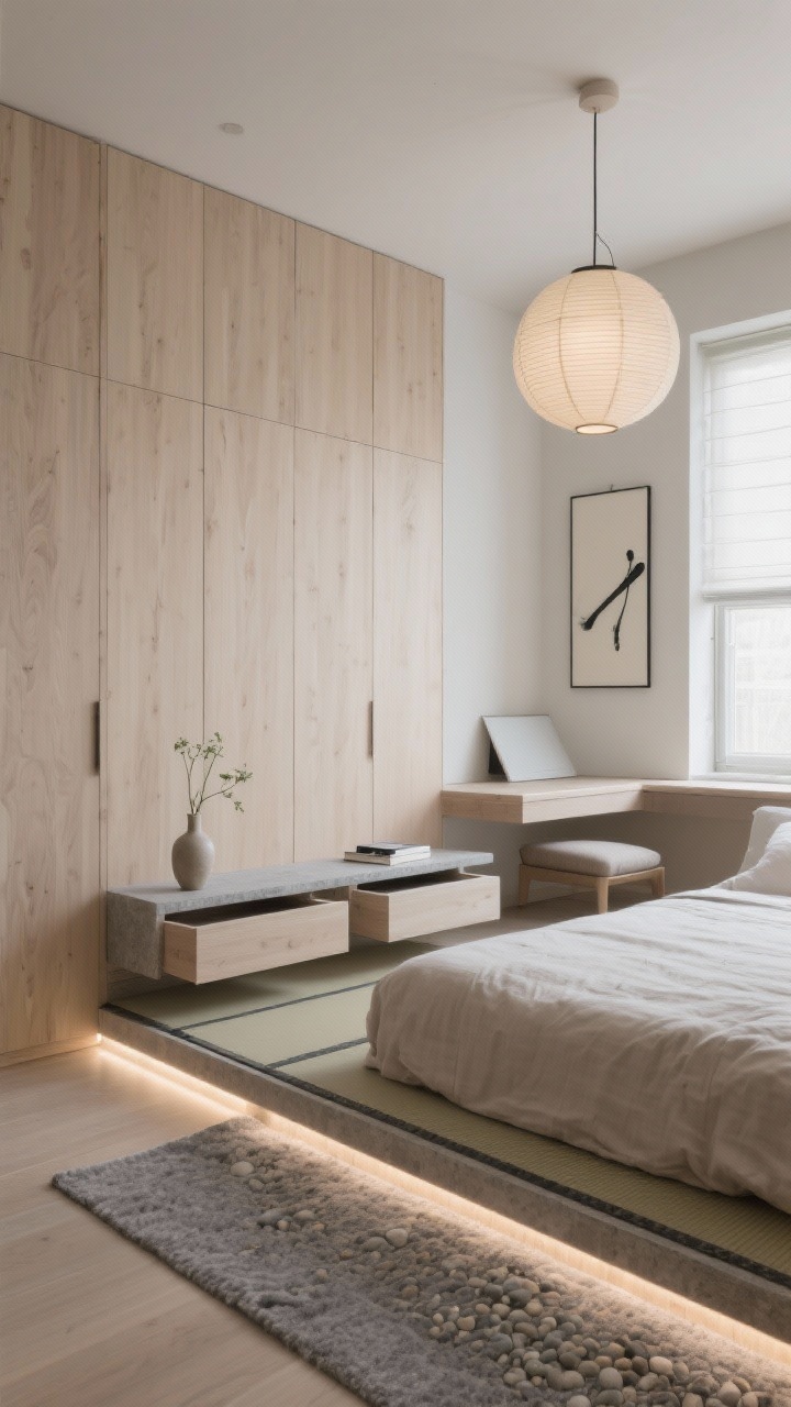 Wide shot, low eye-level: A Japandi zen bedroom with a full floor-to-ceiling light ash wardrobe wall in vertical grain, handleless silent-close doors, micro-LED toe-kick lighting creating a floating effect, a low tatami-inspired platform bed with linen bedding in stone and two shallow drawers per side slightly open, bed-frame ledges replacing nightstands with a single bud vase and a book, a single ink brush painting on a calm wall, pebble-gray wool runner, and a floating console beneath the window with a closed lift-top desktop that reads as a sculptural bench with cushion; soft, diffuse daylight and a rice-paper globe pendant overhead
