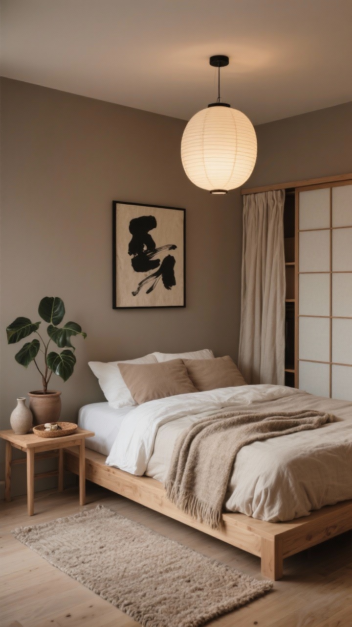 Wide shot, low eye-level: Japandi calm small bedroom with earthy contrast. Soft taupe walls, a low-profile light oak platform bed with tonal bedding in beige, mushroom, and off-white—textured cotton duvet and linen shams, plus a nubby wool throw at the foot. Simple ash wood side table with raw ceramic vases and a cork tray holding small items. Overhead, one oversized paper lantern casts a soft, diffused glow. A shoji-style sliding closet door (or linen panel curtain) conceals storage. One large ink abstract on handmade paper in a black frame provides crisp contrast above the bed. Flat natural-wool rug only slightly larger than the bed. A single sculptural rubber plant in a matte clay pot completes the scene. Calm, breathable, evening ambient lighting, photorealistic.