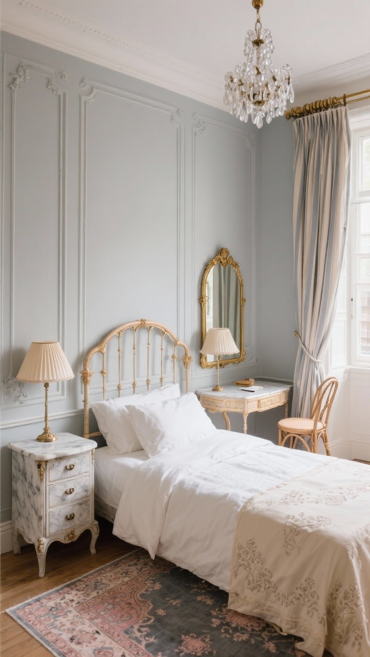 Wide shot, Parisian Petite Suite: A refined, classic small bedroom with soft dove gray walls accented by peel-and-stick molding creating elegant faux paneling. A curved cane headboard anchors creamy embroidered linens; antiqued mirror nightstands with petite pleated parchment lampshades flank the bed. Floor-sweeping curtains in a muted stripe hang from brass café rods at the window; underfoot, a vintage-inspired Persian rug in faded rose and slate. A narrow marble-topped dresser with ornate pulls supports a gold gilt mirror above; a tiny writing desk with a slender bentwood bistro chair sits to the side. Overhead, a miniature chandelier with draped crystals sparkles softly. Photorealistic, straight-on, softly glowing romantic ambiance.