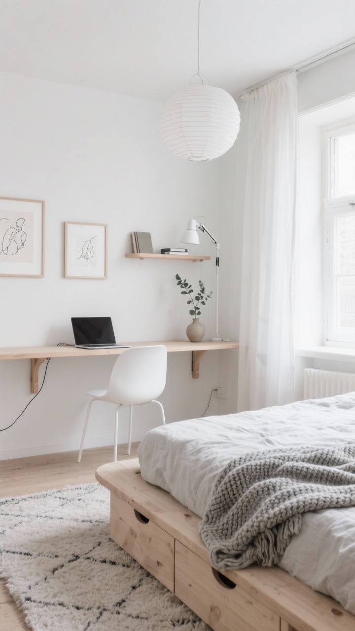 Wide shot, photorealistic: A Scandinavian small bedroom in cloud-white walls with a pale oak platform bed with rounded edges, linen duvet in pebble gray, textured knit throw, and a plush low-pile rug. Along the window wall, a light-oak wall-mounted floating desk just deep enough for a laptop, with a hidden cable channel, paired with a white molded chair that tucks fully under. Gauzy sheer curtains filter soft morning light; a slim paper lantern pendant hangs overhead and a matte white clamp lamp clips to the desk. Minimal storage includes underbed drawers and a single open shelf above the desk holding notebooks and a tiny plant. Two framed line drawings over the bed and a small eucalyptus stem in a ceramic bud vase complete the calm, uncluttered mood.