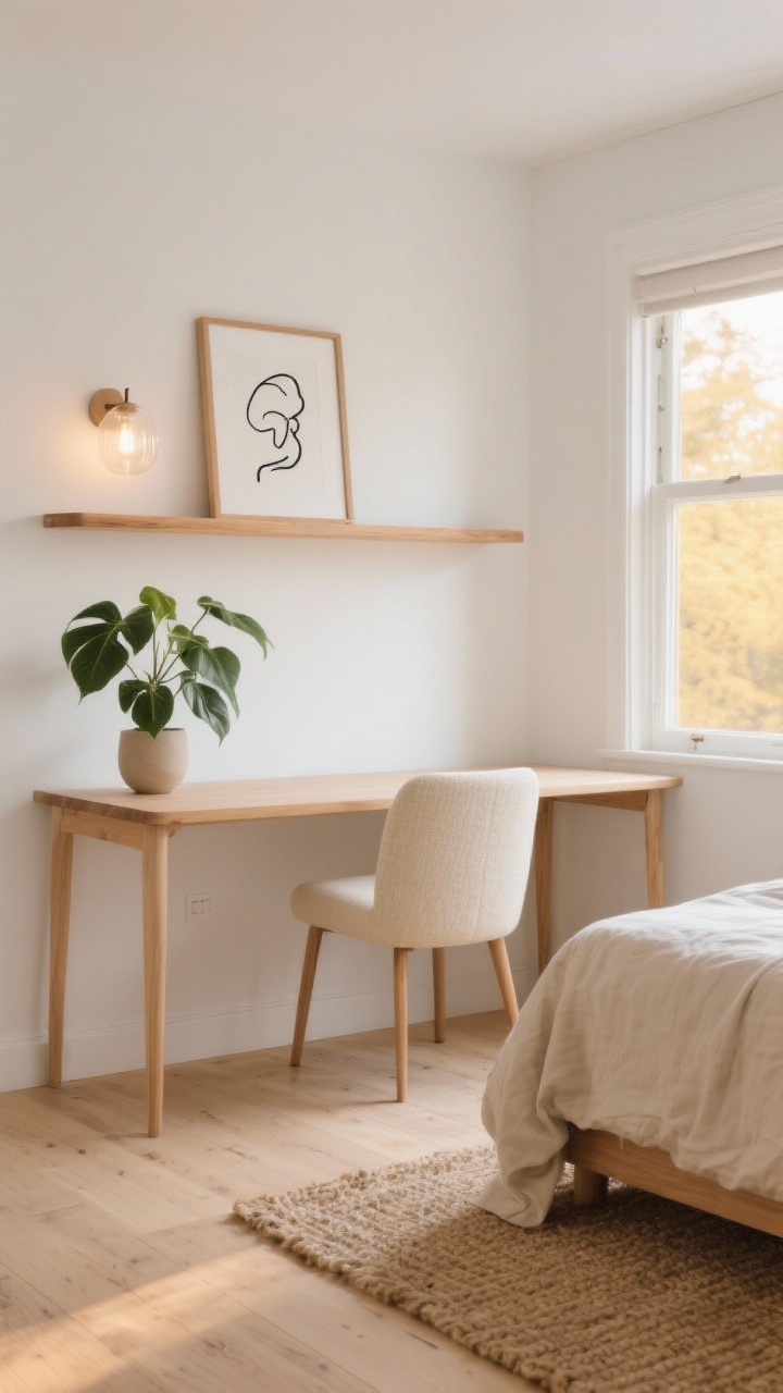 Wide shot, photorealistic: A serene Scandinavian small bedroom at sunrise with pale oak floors and crisp white walls. A slim 36–40" light birch desk with rounded edges sits tucked under a window catching soft golden light, paired with an armless, low-back upholstered chair in textured cream that slides fully under the desk. Above the desk, a dimmable frosted glass sconce frees surface space. Wall-mounted oak ledge shelves hold a single oversized black-on-white line drawing in a natural wood frame. A nubby jute rug and linen duvet in soft sand cover the bed; a rubber plant with sculptural leaves rests in a neutral ceramic pot. Palette: warm whites, oatmeal beige, honeyed wood. Mood: light, calm, quietly luxurious. Straight-on perspective, natural morning light.