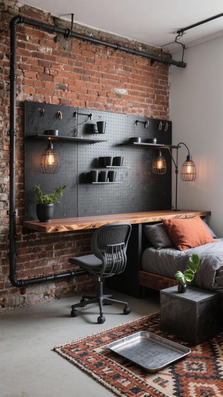 Wide shot, photorealistic: An industrial bedroom nook with an exposed brick hero wall. A wall-to-wall built-in small bedroom desk spans an alcove, made from a 12–16" deep stained plank with a sealed live edge, mounted on black pipe brackets. Above the desk, a black metal pegboard supports modular shelves, hooks, and cups; a pair of caged sconces is wired along the bracket line, casting practical, warm light. A compact low-back task chair in charcoal mesh on casters tucks in. The bed shows a heather-gray duvet, rust linen pillows, and a geometric wool kilim rug. A galvanized tray sits on the nightstand; a single leafy plant in a matte black pot softens the brick. Palette: rust, espresso, matte black, soft gray. Urban, gritty-yet-polished feel. Angled corner perspective.